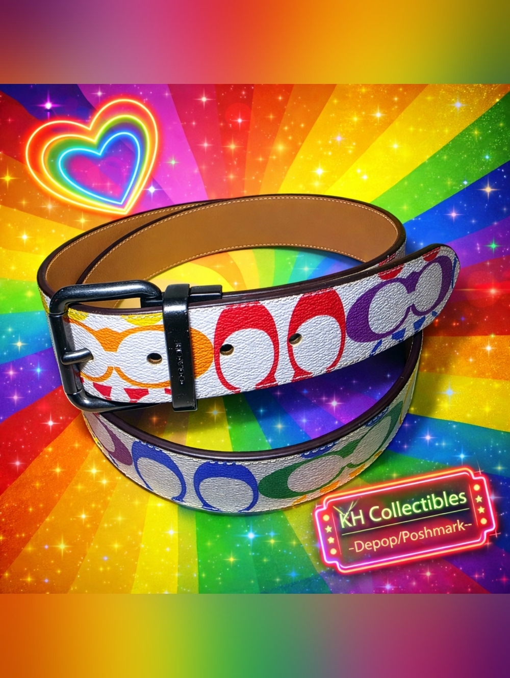 Coach Roller Buckle Reversible Belt - Calf Leather Rainbow Signature Canvas NWOT